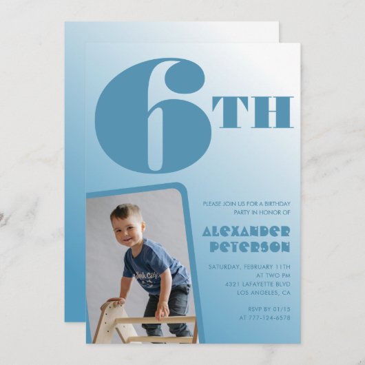 男の子6歳の誕生日招待状青い写真 招待状 (正面/裏面)