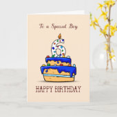 男の子6誕生日、6の甘いブルーケーキ カード (黄色い花)