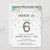 男の子6th誕生日パーティー、プライマリカラー紙吹雪 招待状 (正面)