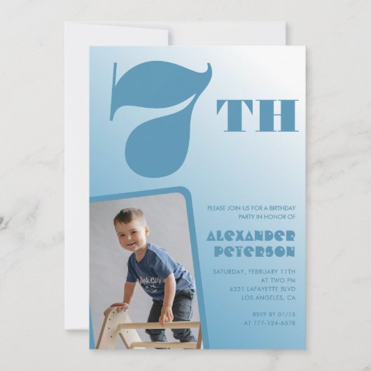 男の子7歳の誕生日招待状青い写真 招待状 (正面)