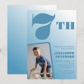 男の子7歳の誕生日招待状青い写真 招待状 (正面/裏面)