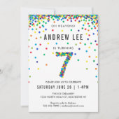 男の子7th誕生日パーティー、プライマリカラー紙吹雪 招待状 (正面)