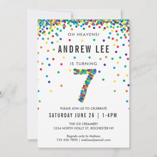 男の子7th誕生日パーティー、プライマリカラー紙吹雪 招待状 (正面)