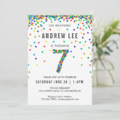 男の子7th誕生日パーティー、プライマリカラー紙吹雪 招待状 (スタンド正面)