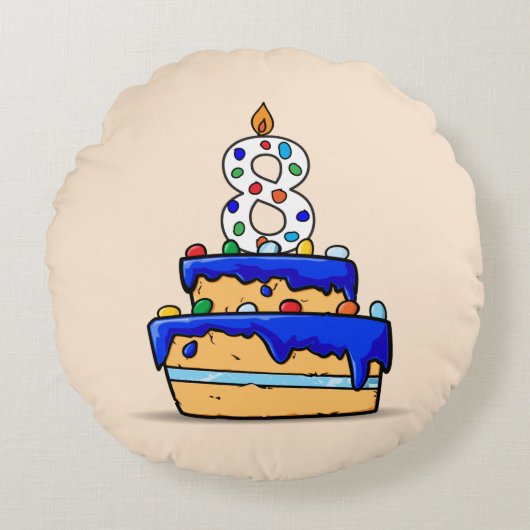 男の子8誕生日, 8の上に甘いブルーケーキ ラウンドクッション (正面)