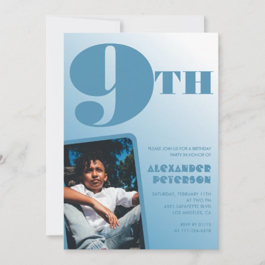 男の子9歳の誕生日招待状青い写真 招待状 (正面)