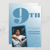 男の子9歳の誕生日招待状青い写真 招待状 (正面/裏面)