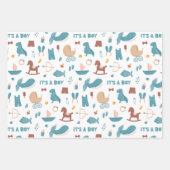 男の子。かわいい青おもしろい動物のおもちゃ赤ちゃんシャワー ラッピングペーパーシート (正面2)