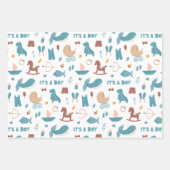 男の子。かわいい青おもしろい動物のおもちゃ赤ちゃんシャワー ラッピングペーパーシート (正面)