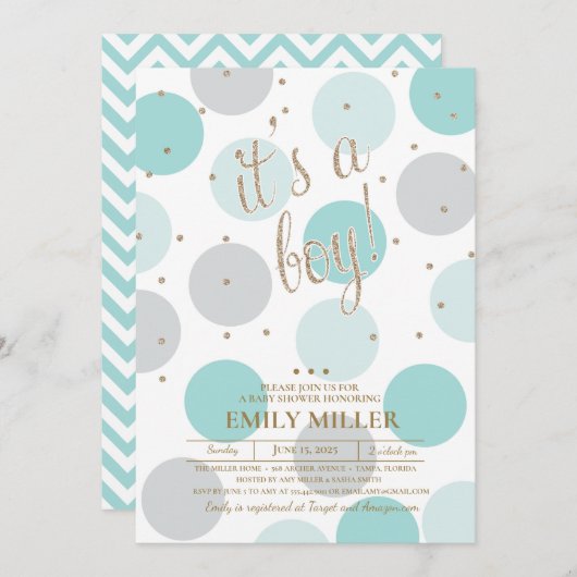 男の子 – グレー、ターコイズ、金ゴールドベビーシャワー 招待状 (正面/裏面)