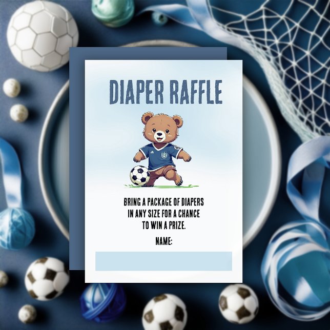 男の子 テディベア サッカー ベイビーシャワー おむつくじ (Cute Blue Teddy Bear Soccer Player Boy Baby Shower "Diaper Raffle" Insert Enclosure Card)