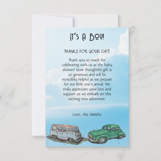 男の子、バン、セダンのための赤ちゃんシャワー サンキューカード (正面)