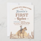 男の子 ブラウン ウェスタン カウボーイ ファースト ロデオ 1歳 誕生日 招待状 (正面)