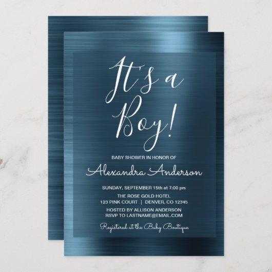 男の子 – メタリックブルーフォイル赤ちゃんシャワー 招待状 (正面/裏面)