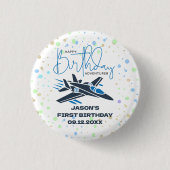 男の子 初誕生日 ジェット戦闘機 エアプレーン 青 白 缶バッジ (正面)