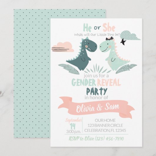 男の子？女の子？恐竜のジェンダー・リビール 水彩 招待状 (正面/裏面)
