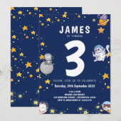 男の子 宇宙飛行士 猫 ネイビー キッズ 誕生日 招待状 (正面/裏面)