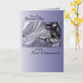 男の子、最初の聖餐式カード カード (黄色い花)