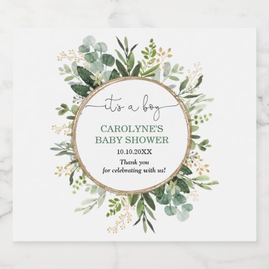 男の子/植物性の緑の金ゴールドの赤ちゃんシャワー スパークリングワインラベル (シングルラベル)