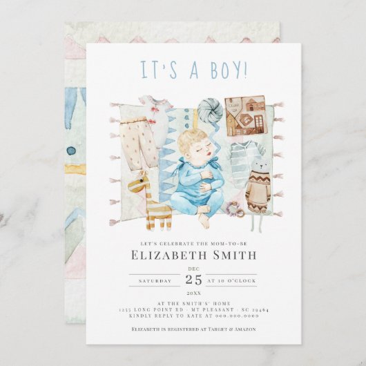 男の子、男の赤ちゃんブルー水色ベビーシャワー 招待状 (正面/裏面)