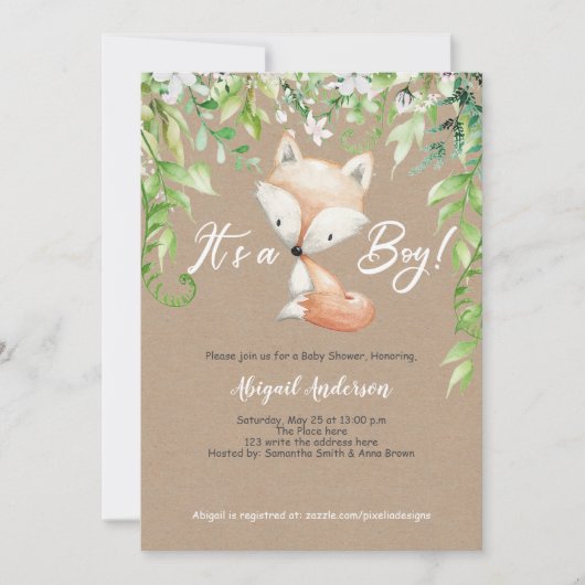 男の子、素朴森、緑、赤ちゃんシャワー 招待状 (正面)