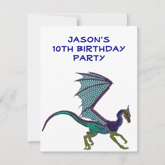 男の子 誕生日 カラー ビーズ ドラゴン 白 招待状 (正面)