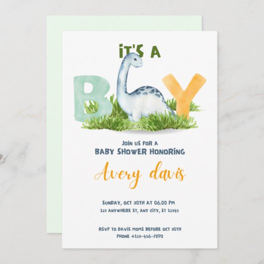 男の子、赤ん坊のシャワーの招待状、かわいい恐竜 シーズンカード (正面/裏面)