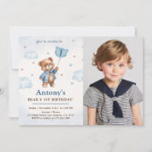 男の子 青いテディベア 気球 初誕生日 写真 招待状 (正面)