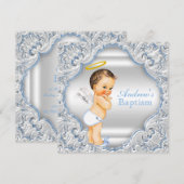 男の子 青 白 エンジェル 男の子 赤ちゃん 洗礼 招待状 (正面/裏面)