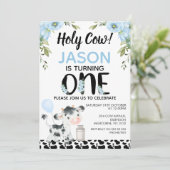 男の子 青 花柄 ホーリーカウ 牛柄 1歳誕生日 招待状 (スタンド正面)