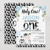 男の子 青 花柄 ホーリーカウ 牛柄 1歳誕生日 招待状 (正面/裏面)