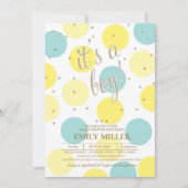 男の子 – 黄色、ターコイズ、金ゴールドベビーシャワー 招待状 (正面)