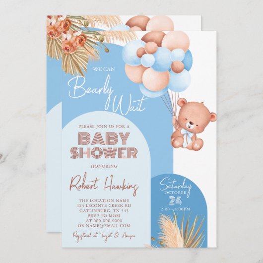 男の子Bohoアーチテディベア心待ちベビーシャワー 招待状 (正面/裏面)