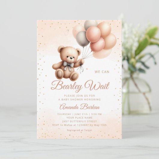 男の子Bohoテディベア我々は赤ちゃんシャワーを待つことができる 招待状 (スタンド正面)