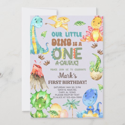 男の子ONE-A-SAURUS最初の誕生日招待状。 招待状 (正面)