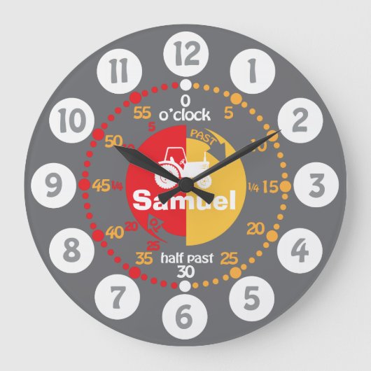 男の学子はタイムグレー赤トラクター時計 ラージ壁時計 (正面)