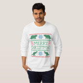 男の恐竜の長袖の醜いクリスマスTシャツ Tシャツ (正面フル)