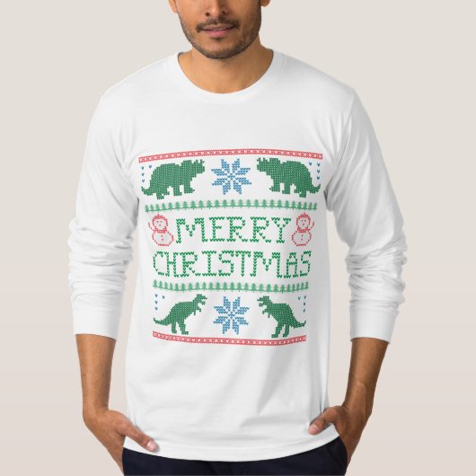 男の恐竜の長袖の醜いクリスマスTシャツ Tシャツ (正面)