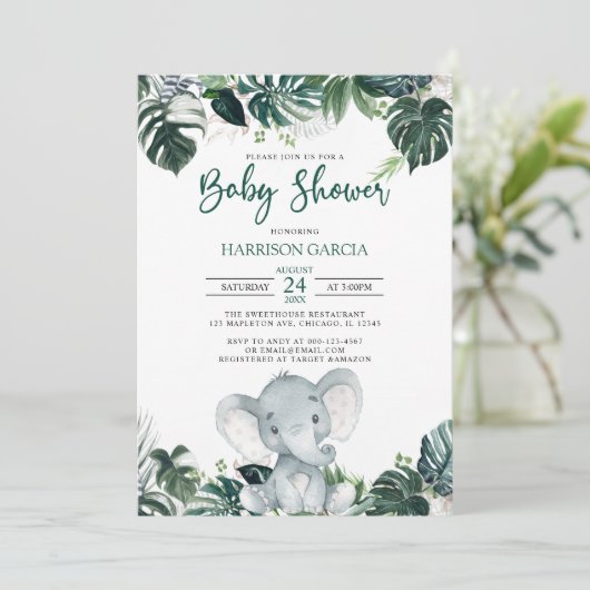 男の男女兼用子の象の赤ちゃんシャワー 招待状 (スタンド正面)