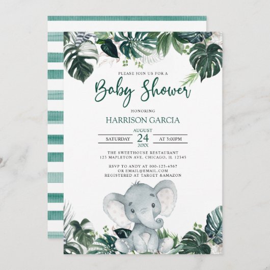 男の男女兼用子の象の赤ちゃんシャワー 招待状 (正面/裏面)