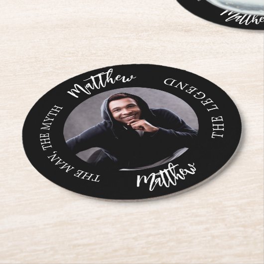 男の神話の伝説の写真の白黒パーティー ラウンドペーパーコースター (アングル)