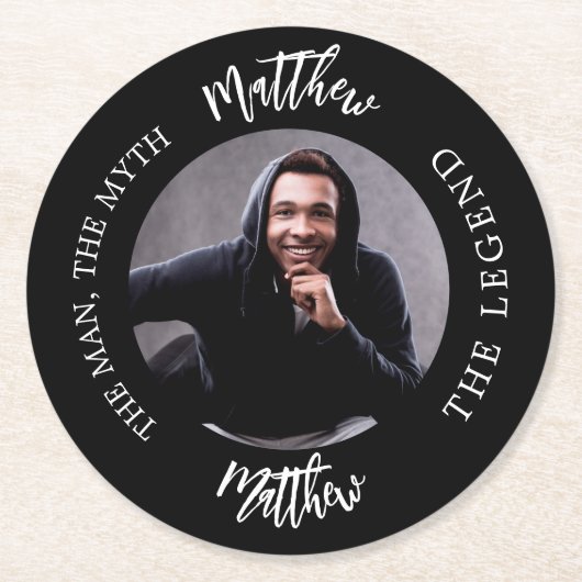 男の神話の伝説の写真の白黒パーティー ラウンドペーパーコースター (正面)