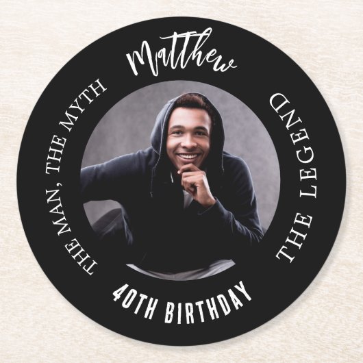 男の神話の伝説の写真の白黒誕生日パーティー ラウンドペーパーコースター (正面)