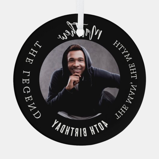 男の神話の伝説の写真の誕生日 ガラスオーナメント (裏面)