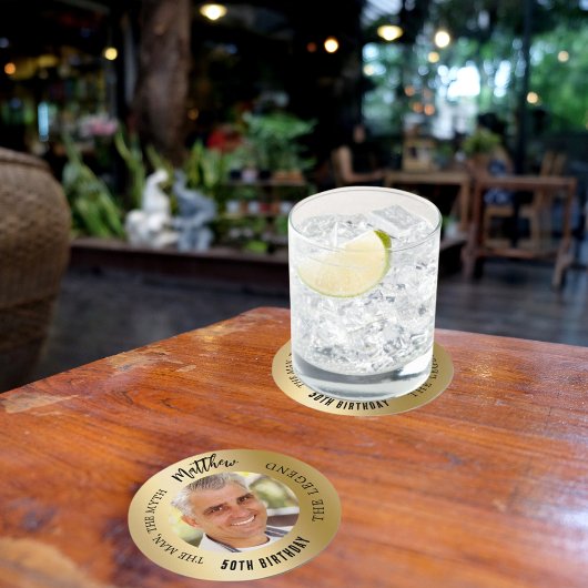 男の神話の伝説の写真の金ゴールド誕生日パーティー ラウンドペーパーコースター