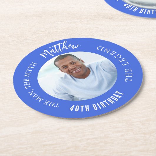 男の神話の伝説の写真の青王室のい誕生日パーティー ラウンドペーパーコースター (アングル)