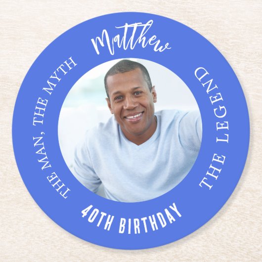男の神話の伝説の写真の青王室のい誕生日パーティー ラウンドペーパーコースター (正面)