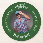 男の神話の伝説の写真エメラルドグリーン誕生日パーティー ラウンドペーパーコースター (正面)