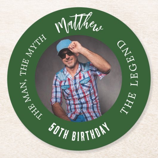 男の神話の伝説の写真エメラルドグリーン誕生日パーティー ラウンドペーパーコースター (正面)