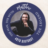 男の神話の伝説の写真ネイビーブルーの誕生日パーティー ラウンドペーパーコースター (正面)